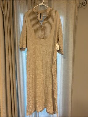 Neutral Beige Textured Maxi Dress with Pleated Yoke